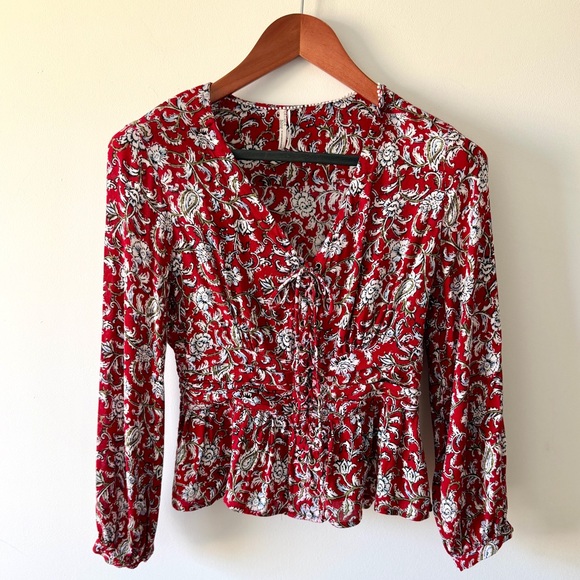 Anthropologie EUC Feather Bone Floral Lace-Up Peplum Blouse Red Size 4 - Picture 2 of 16